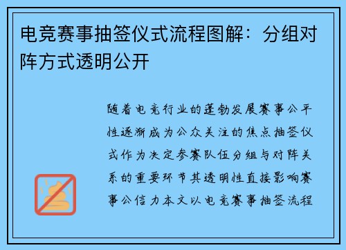 电竞赛事抽签仪式流程图解：分组对阵方式透明公开