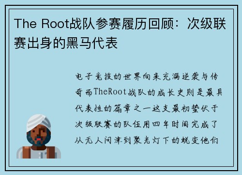 The Root战队参赛履历回顾：次级联赛出身的黑马代表